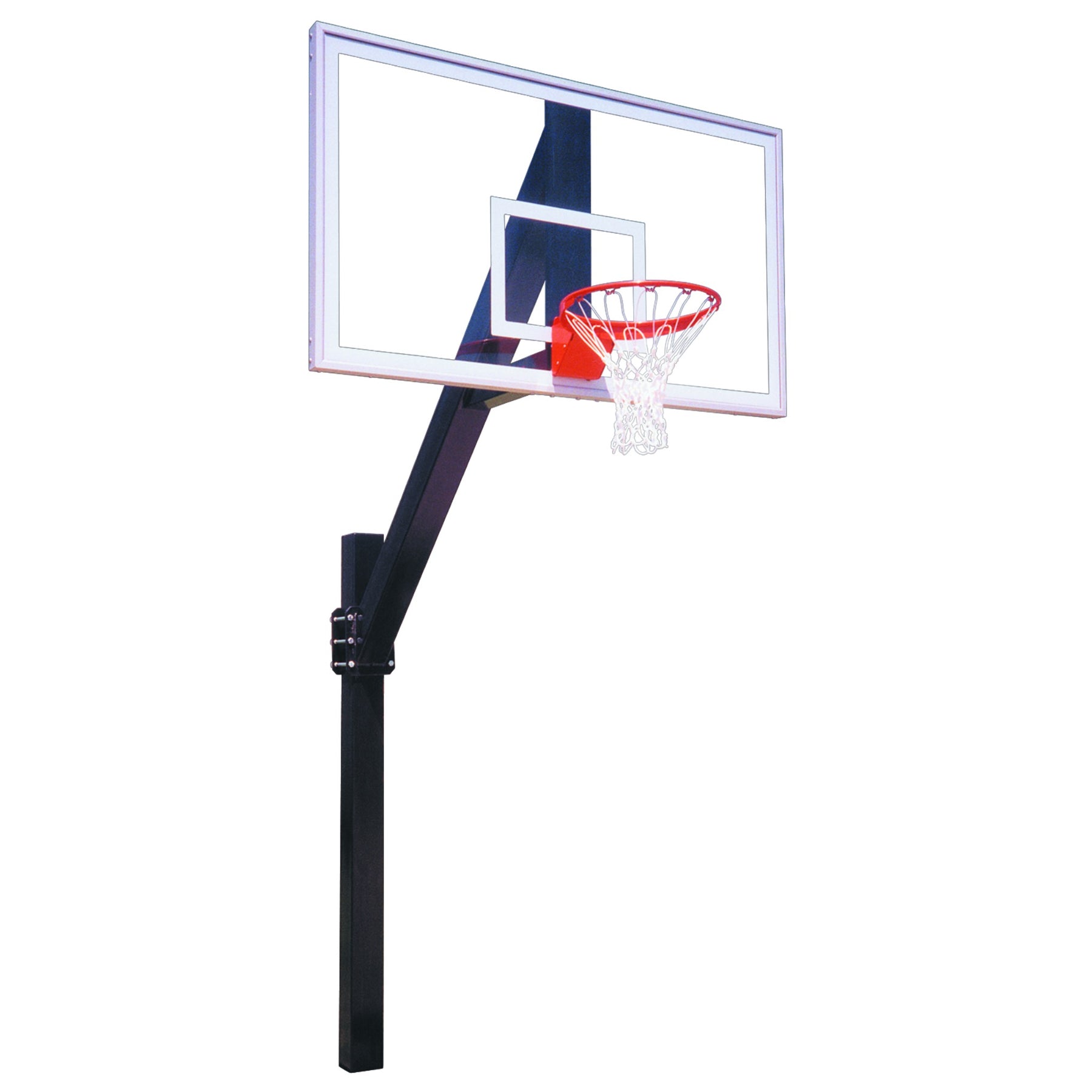 First Team Legend Arena fixed-height basketball goal with a tempered-glass backboard and bolted support arm