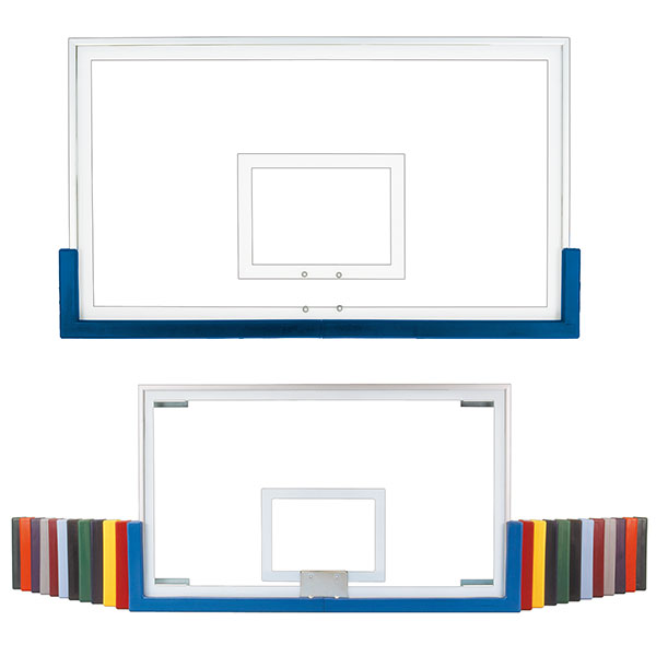 First Team FT72C TuffGuard backboard padding shown on a basketball backboard and in available colors