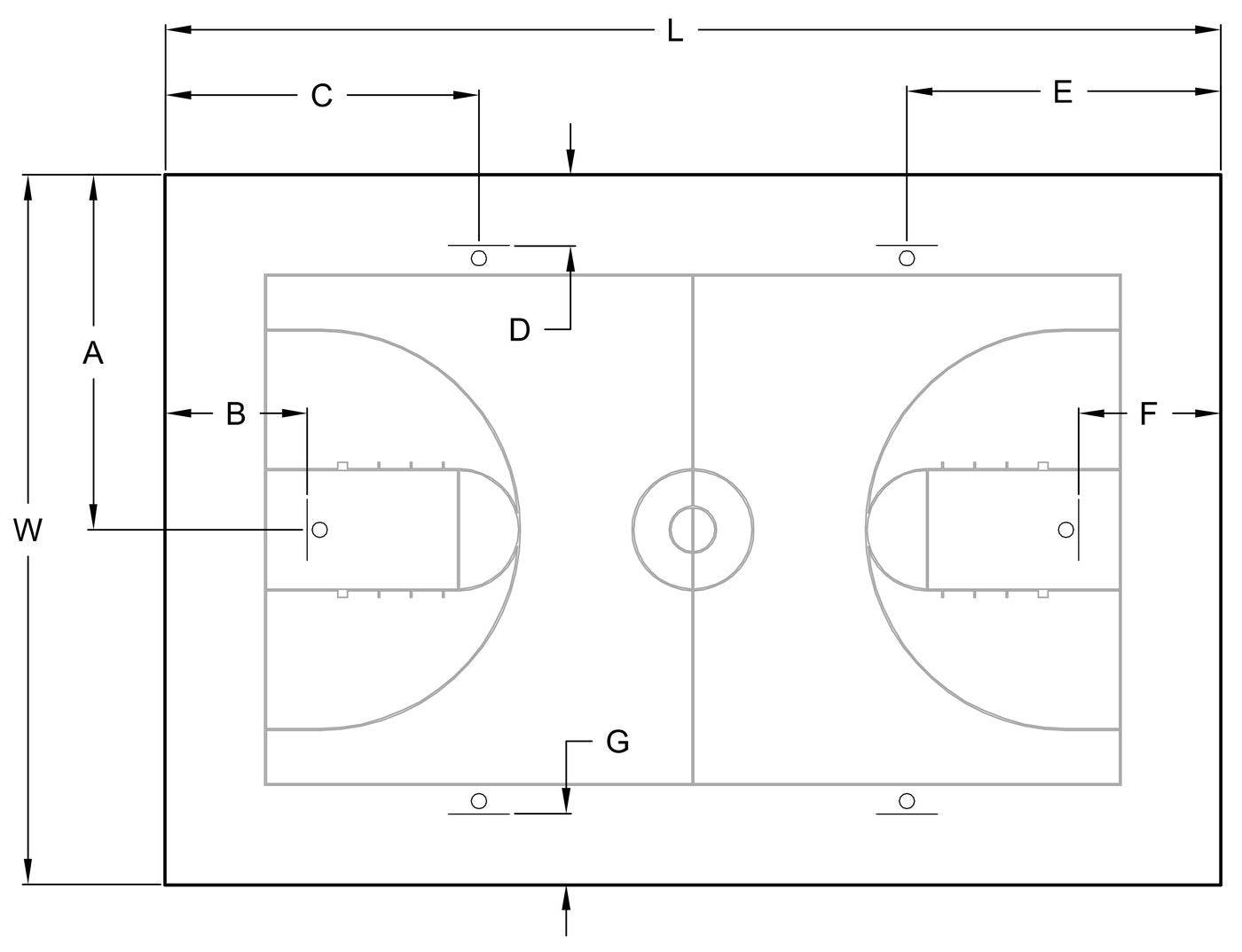 Floor plan measurement diagram: building length L and width W, with backstop location dimensions A through G