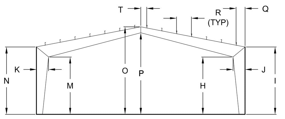 Gabled roof structure cross-section with dimension letters H, I, J, K, M, N, O, P, Q, R and T